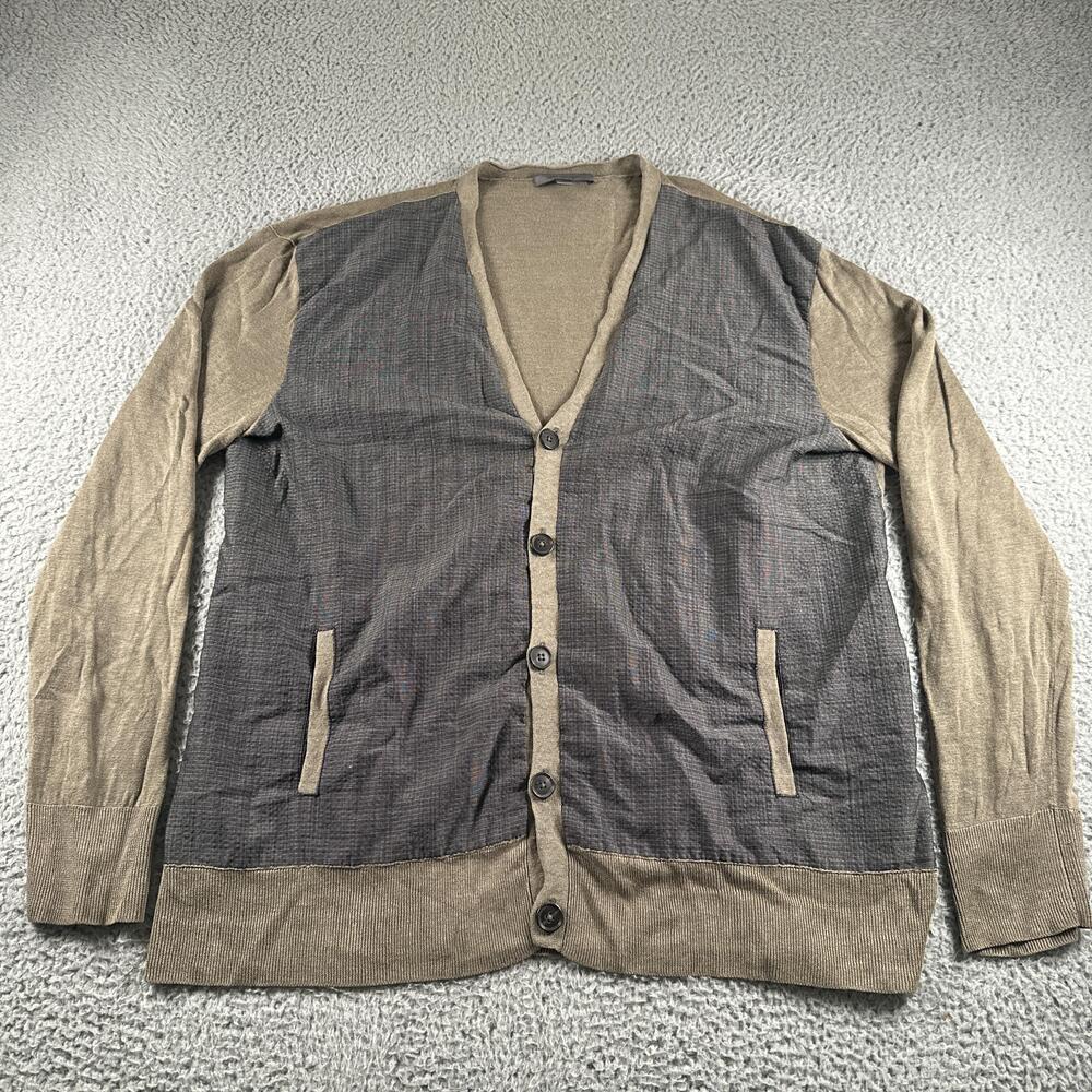 John Varvatos Cardigan Sweater Mens 2XL Brown Linen Silk V-Neck Woven Panel